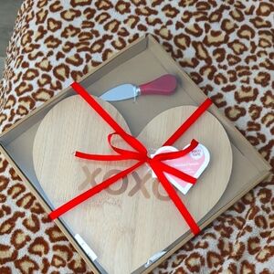 Heart-Shaped Bamboo Cheese Board Set with Red Ribbon NWT